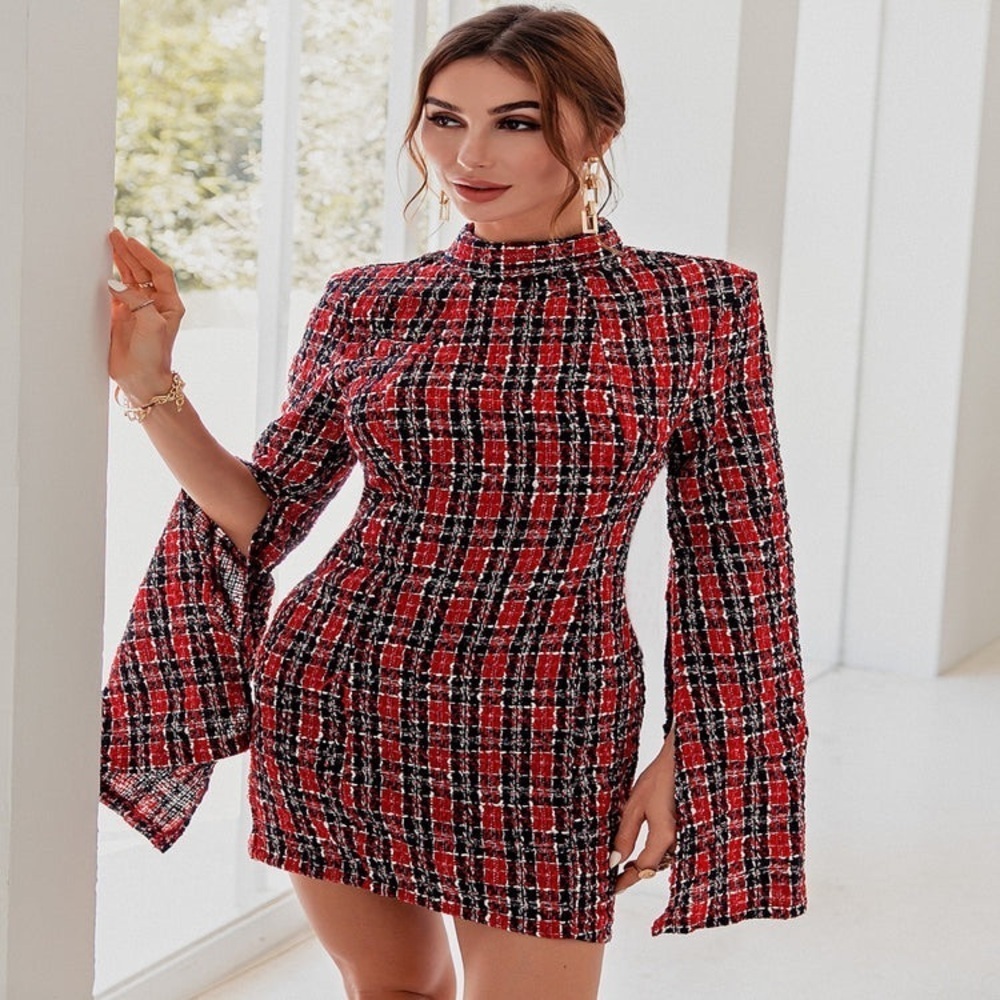 GLAMAKER‎ PLAID BACKLESS SPLIT SLEEVE TWEED BODYCON DRESS size SMALL